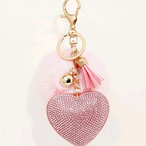 🔹️Rhinestone Heart & Pom Pom Charm tassles Keychain, For Decoration✨️💚 - Picture 4 of 10